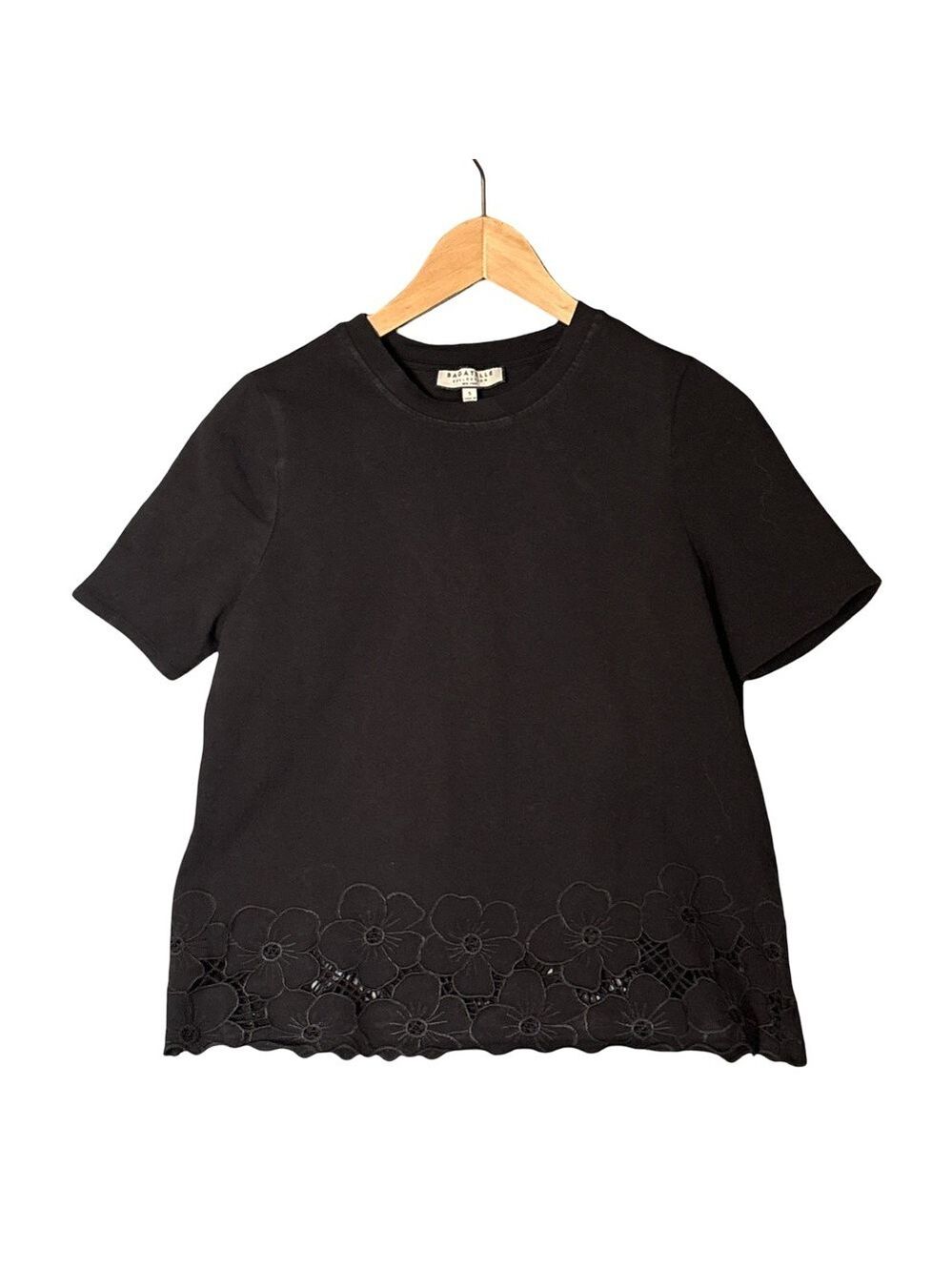 Bagatelle Floral Hem Black Top Small - Short Sleeve Elegance